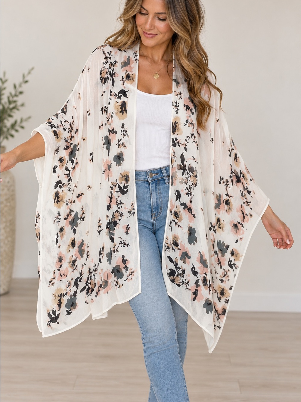 Max Studio Cream Floral Kimono